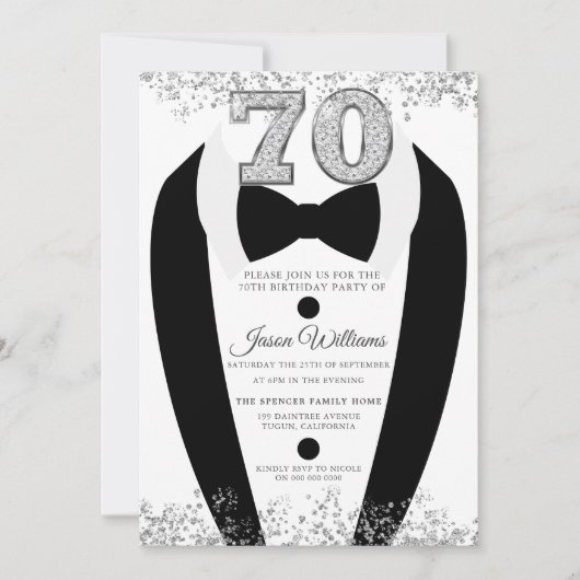 Black Tuxedo Suit Silver Mannen 70th Birthday Part Kaart (Voorkant)
