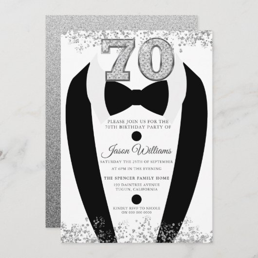 Black Tuxedo Suit Silver Mannen 70th Birthday Part Kaart (Voorkant / Achterkant)