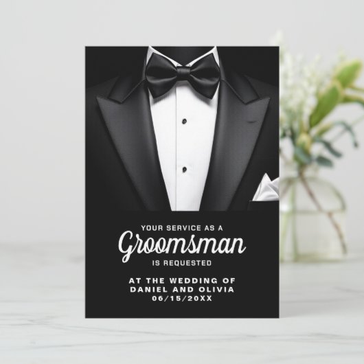 Black Tuxedo Tux Groomsman Aanvraag Kaart (Staand voorkant)
