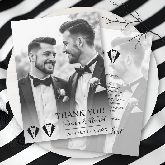 Black tuxedo two grooms gay wedding photo bedankkaart