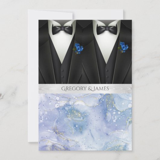 Black Tuxedos Blue Boutonniere Wedding Kaart (Voorkant)