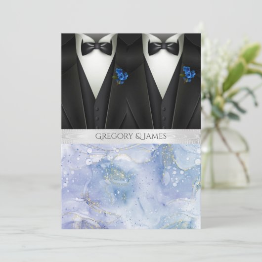 Black Tuxedos Blue Boutonniere Wedding Kaart (Staand voorkant)