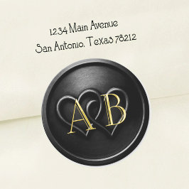 Black Two Hearts Intertwined Monogram Wedding Ronde Sticker