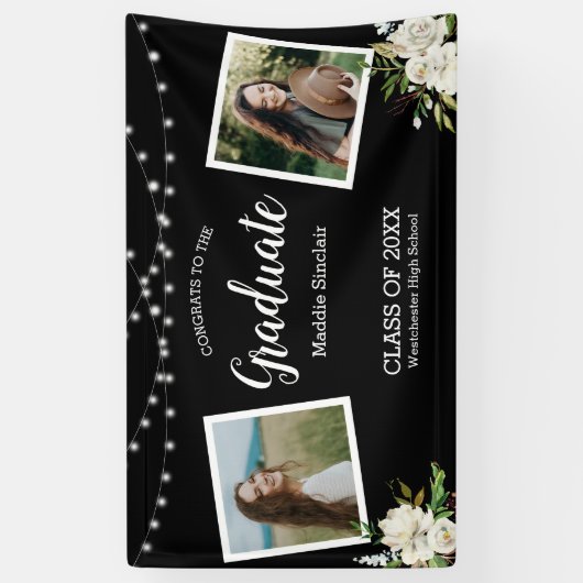 Black Two Photo Floral String Lights Afstuderen Ba Spandoek (Verticaal)