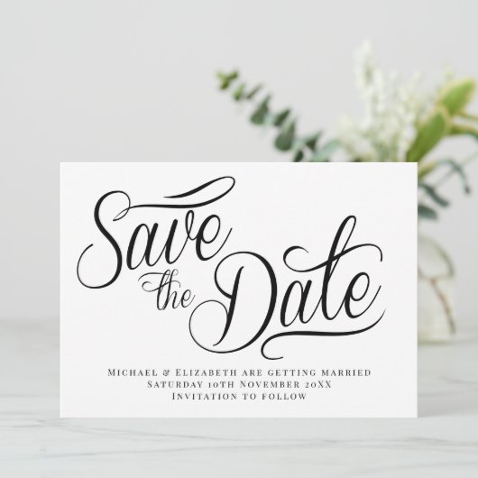 Black Typo Modern White Save The Date  Kaart (Staand voorkant)