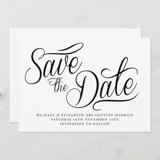 Black Typo Modern White Save The Date  Kaart (Voorkant / Achterkant)