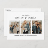 Black Typografie Three Photo Collage Save the Date Aankondigingskaart (Voorkant / Achterkant)