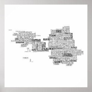 Black Typografische Map of Co. Galway, Ierland Poster