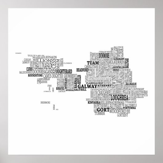 Black Typografische Map of Co. Galway, Ierland Poster (Voorkant)