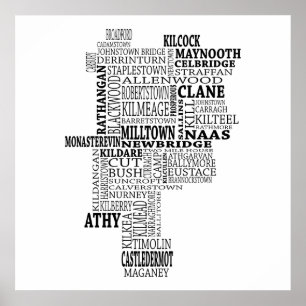 Black Typografische Map of Co. Kildare, Ierland Poster