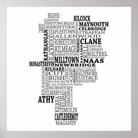 Black Typografische Map of Co. Kildare, Ierland Poster (Voorkant)