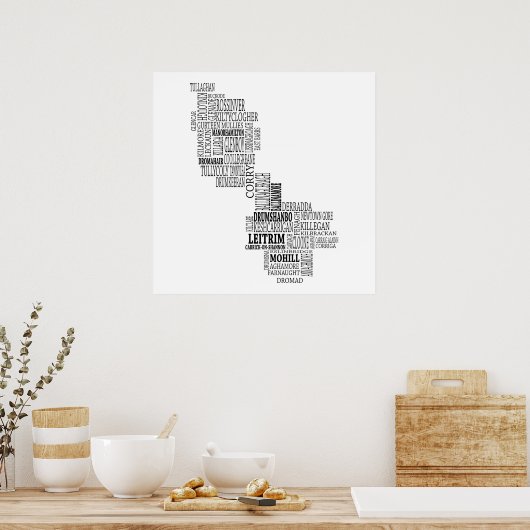 Black Typografische Map of Co. Leitrim, Ierland Poster (Keuken)