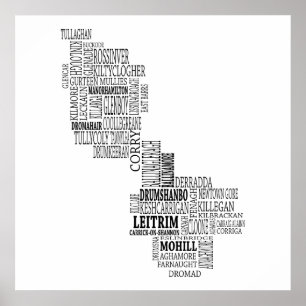 Black Typografische Map of Co. Leitrim, Ierland Poster