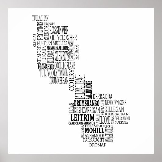 Black Typografische Map of Co. Leitrim, Ierland Poster (Voorkant)