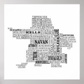 Black Typografische Map of Co. Meath, Ierland Poster (Voorkant)