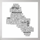 Black Typografische Map of Co. Monaghan, Ierland Poster (Voorkant)