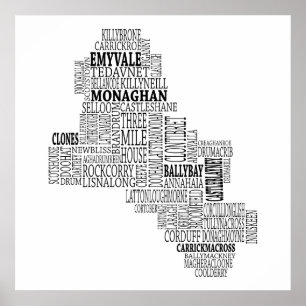 Black Typografische Map of Co. Monaghan, Ierland Poster