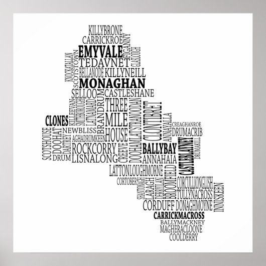 Black Typografische Map of Co. Monaghan, Ierland Poster (Voorkant)