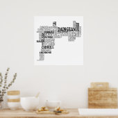 Black Typografische Map of Co. Offaly, Ierland Poster (Keuken)