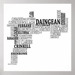 Black Typografische Map of Co. Offaly, Ierland Poster