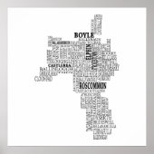 Black Typografische Map of Co. Roscommon, Ierland Poster (Voorkant)