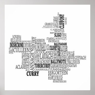 Black Typografische Map of Co. Sligo, Ierland Poster