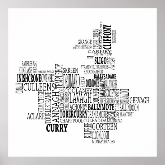 Black Typografische Map of Co. Sligo, Ierland Poster (Voorkant)