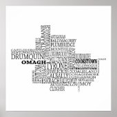 Black Typografische Map of Co. Tyrone, Ierland Poster (Voorkant)