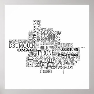 Black Typografische Map of Co. Tyrone, Ierland Poster