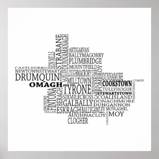 Black Typografische Map of Co. Tyrone, Ierland Poster