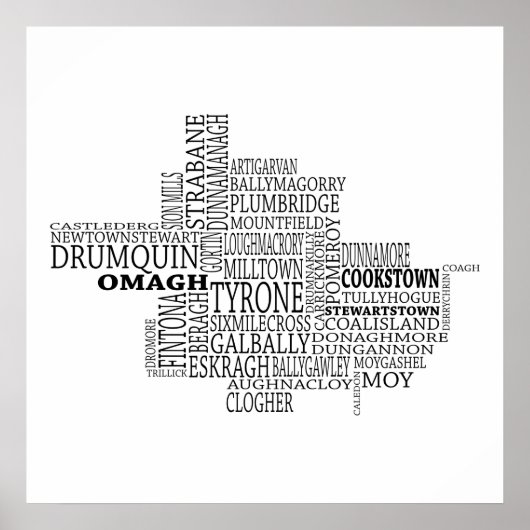 Black Typografische Map of Co. Tyrone, Ierland Poster (Voorkant)