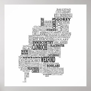 Black Typografische Map of Co. Wexford, Ierland Poster