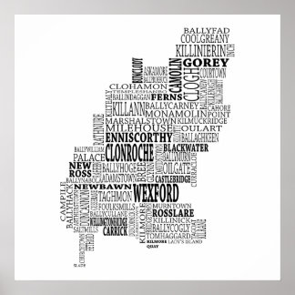 Black Typografische Map of Co. Wexford, Ierland Poster