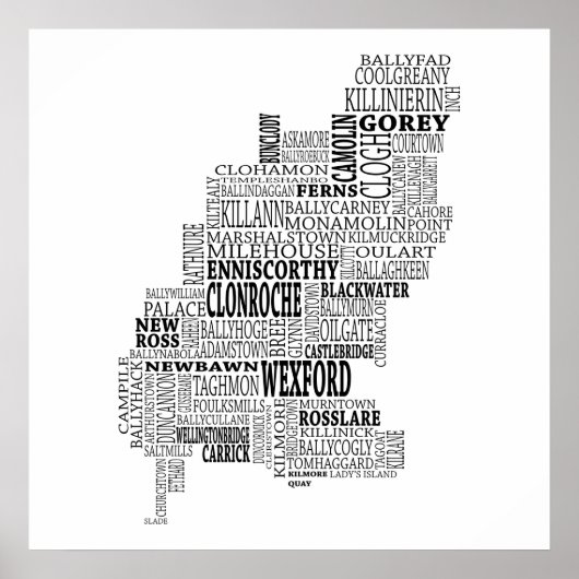 Black Typografische Map of Co. Wexford, Ierland Poster (Voorkant)