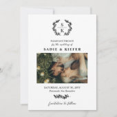 Black Typography Laurel Wreath Monogram Foto Save The Date (Voorkant)