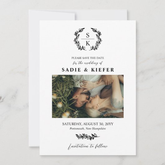Black Typography Laurel Wreath Monogram Foto Save The Date (Voorkant)