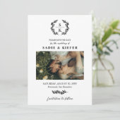 Black Typography Laurel Wreath Monogram Foto Save The Date (Staand voorkant)