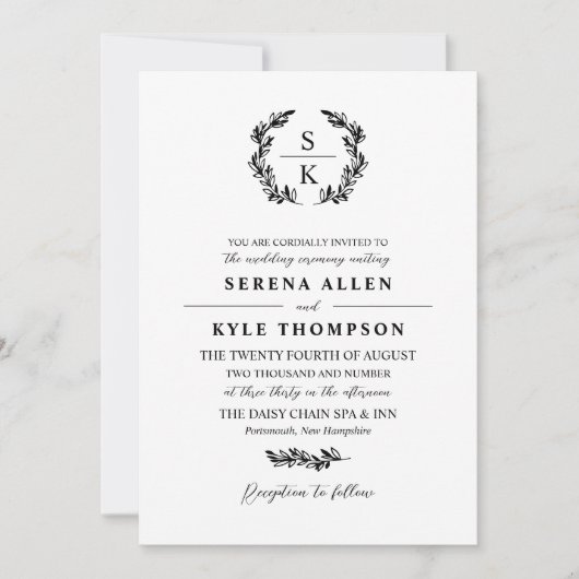 Black Typography Laurel Wreath Monogram Weddenscha Kaart (Voorkant)