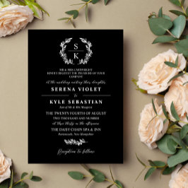 Black Typography Laurel Wreath Monogram Wedding Kaart