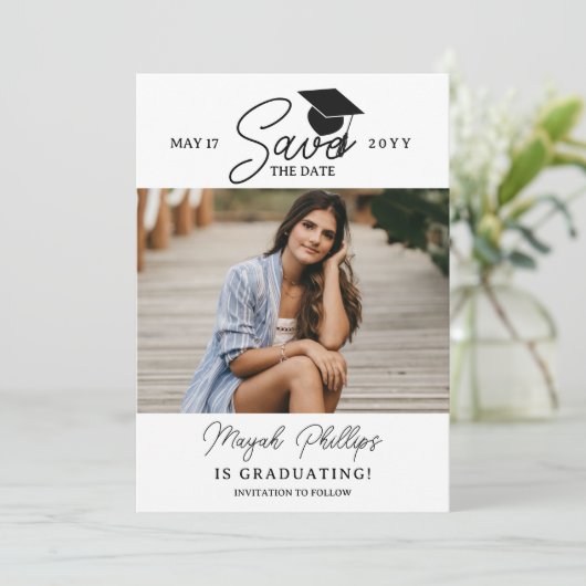 Black Typography Photo Afstuderen Save the Date (Staand voorkant)