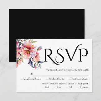 Black typography, rhododendron branch with flowers RSVP kaartje