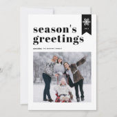 Black Typography Snowflake Seasons Greetings Foto Feestdagenkaart (Voorkant)