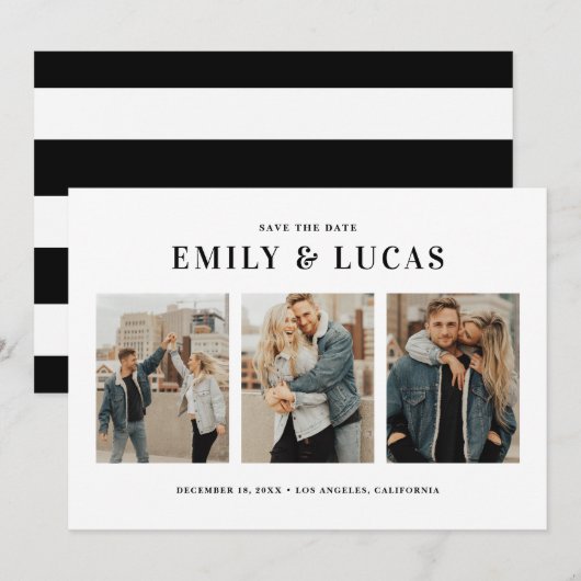 Black Typography Three Photo Collage Save The Date (Voorkant / Achterkant)