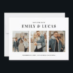 Black Typography Three Photo Collage Save The Date<br><div class="desc">Black Typografie Three Photo Collage Save the Date Kaart | Maak je trouwdatum bekend met deze moderne versie,  behalve de date flat card. Het bevat eenvoudige typografie en drie fotocollage. Deze foto is een perfecte manier om je favoriete verlovingen foto's te laten zien. Ideaal voor elk trouwthema.</div>