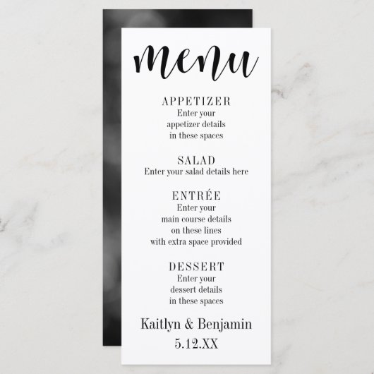 Black Typography Wedding Menu met Bokeh Back (Voorkant / Achterkant)
