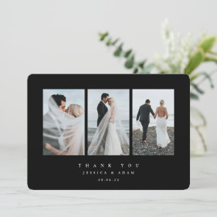 Black Ultra Minimal Triple Photo Wedding Flat Bedankkaart