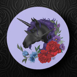 Black Unicorn en Flowers Grote Klok