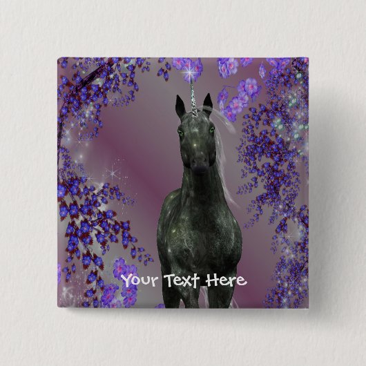 Black Unicorn Flowers Fantasy Button (Voorkant)