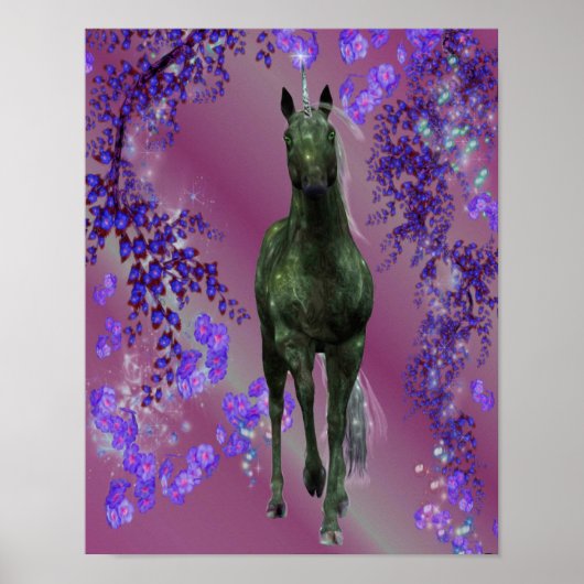 Black Unicorn Flowers Fantasy Horse Art Poster (Voorkant)