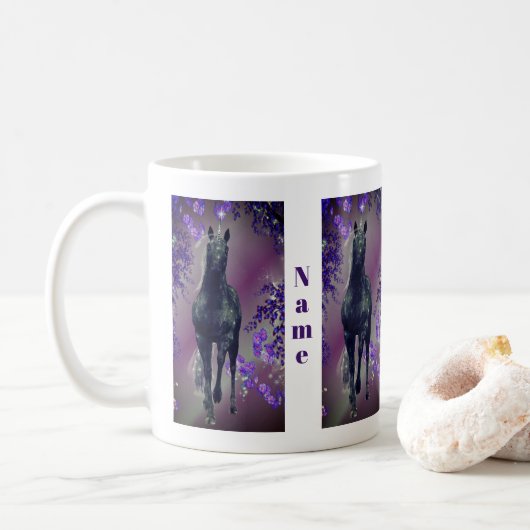 Black Unicorn Flowers Fantasy Personalized Koffiemok (Met donut)